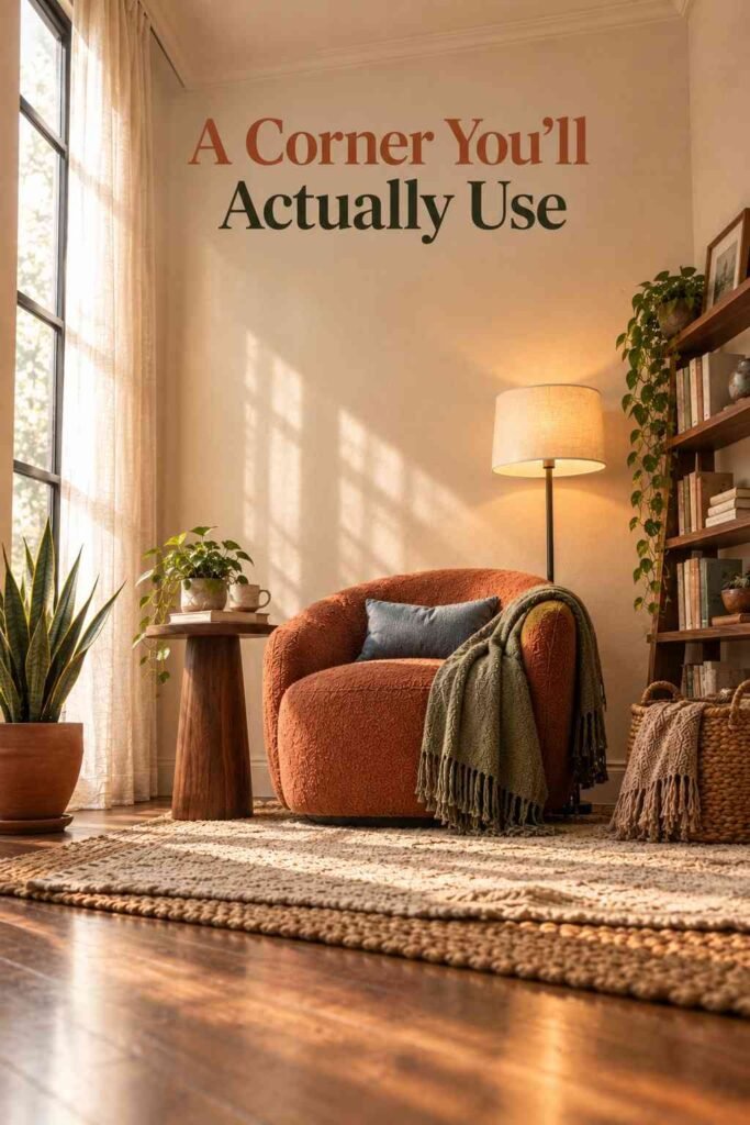 Floor-level view of a complete reading corner with a terracotta armchair, lit floor lamp, layered rugs, bookshelf, and plants beside a curtained window.