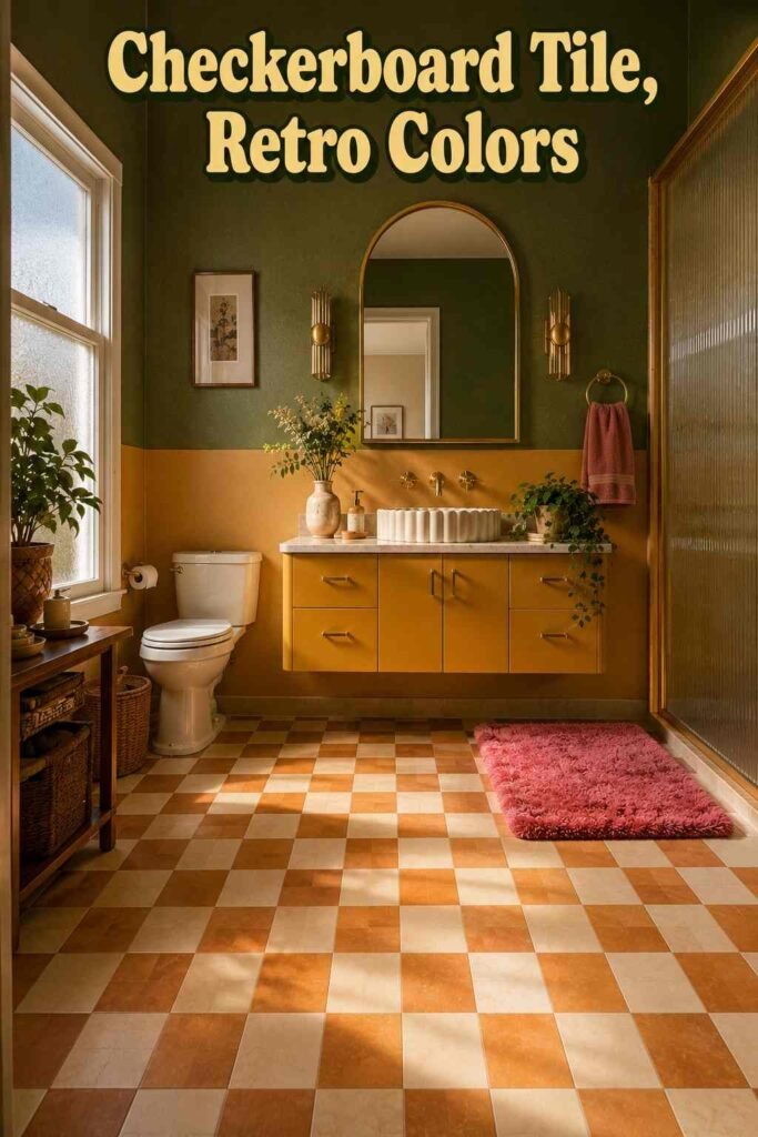 Small Funky Bathroom Ideas to Transform Your Tiny Space in 2026 4 Burnt orange, mustard, and white checkerboard floor tile in a small retro-style bathroom.