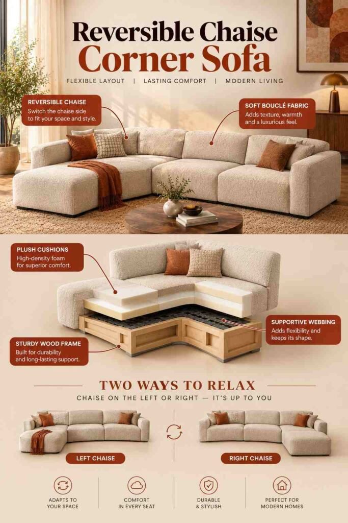 Corner Sofa Designs to Elevate Every Living Room in 2026 7 Reversible chaise corner sofa shown in an exploded view with bouclé upholstery, plush cushions, supportive webbing, and wood frame.