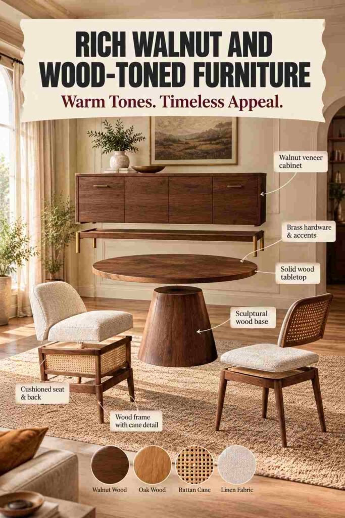 Rich walnut and wood-toned furniture in a warm, elegant interior with a walnut sideboard, pedestal table, brass accents, upholstered chairs, and natural wood finishes.