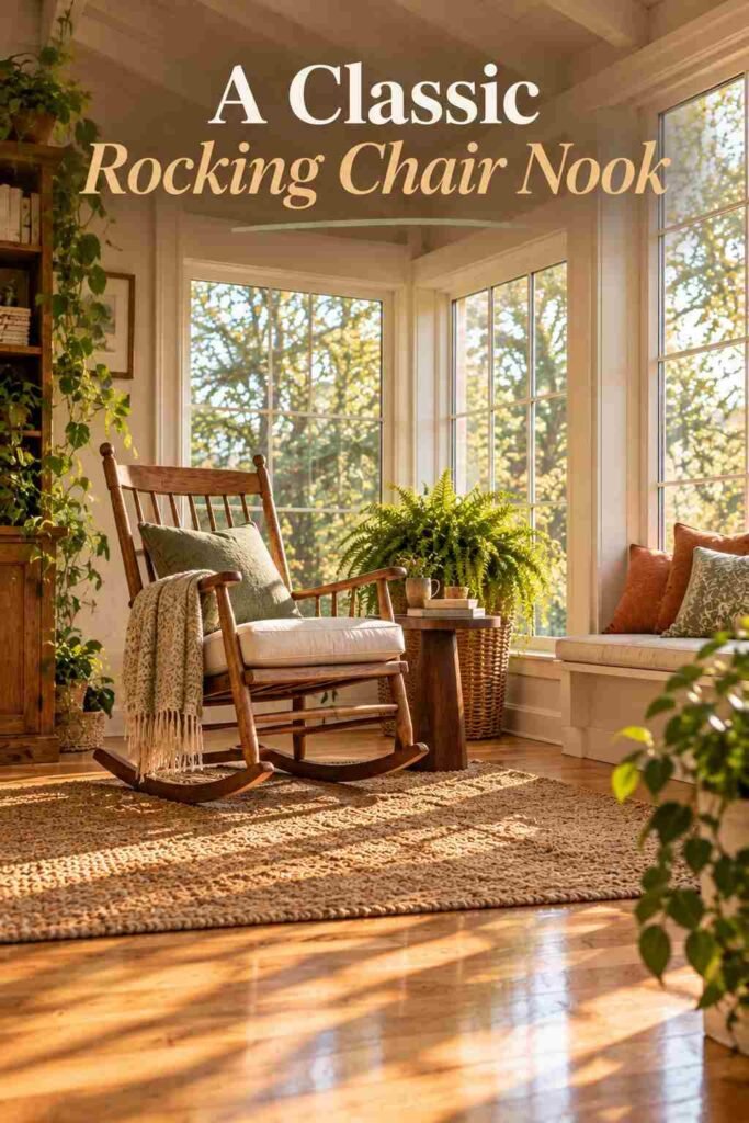 Wooden rocking chair with a cream cushion beside a small side table and fern near a sunroom window.