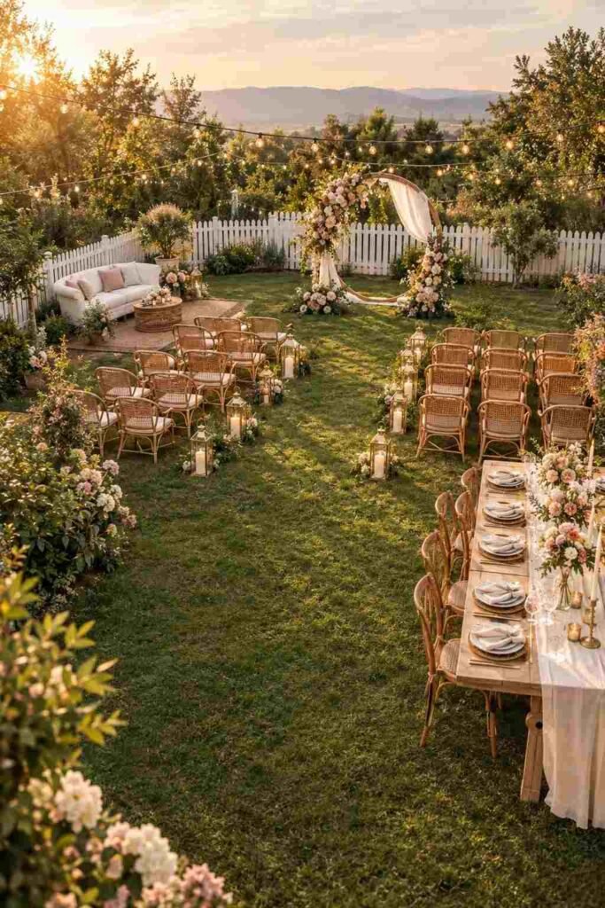 Elevated view of a wedding yard showing the lounge corner, lantern-lined aisle, floral arch, and long farm table in separate zones.