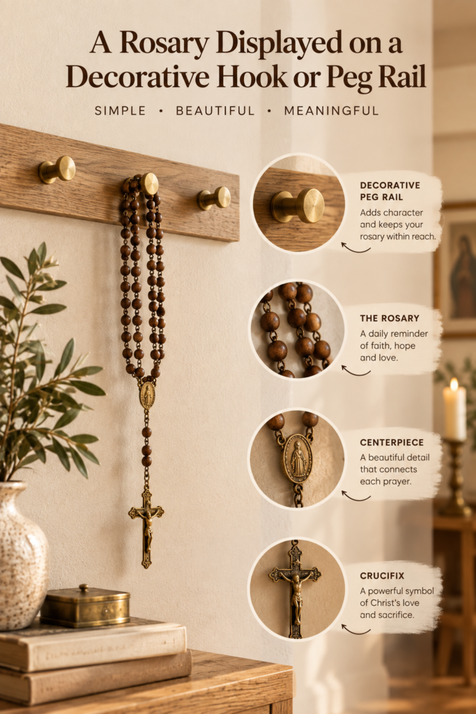 Rosary displayed on a decorative wood peg rail as a Catholic home decor idea