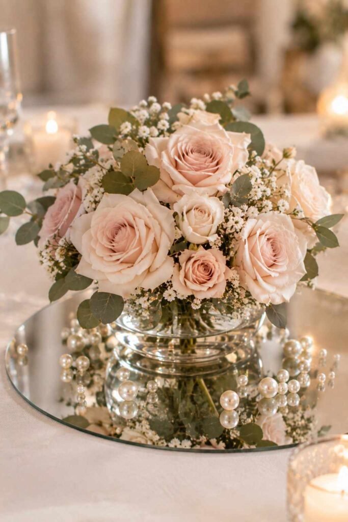 Blush rose and pearl centerpiece on a mirror base for a wedding table.
