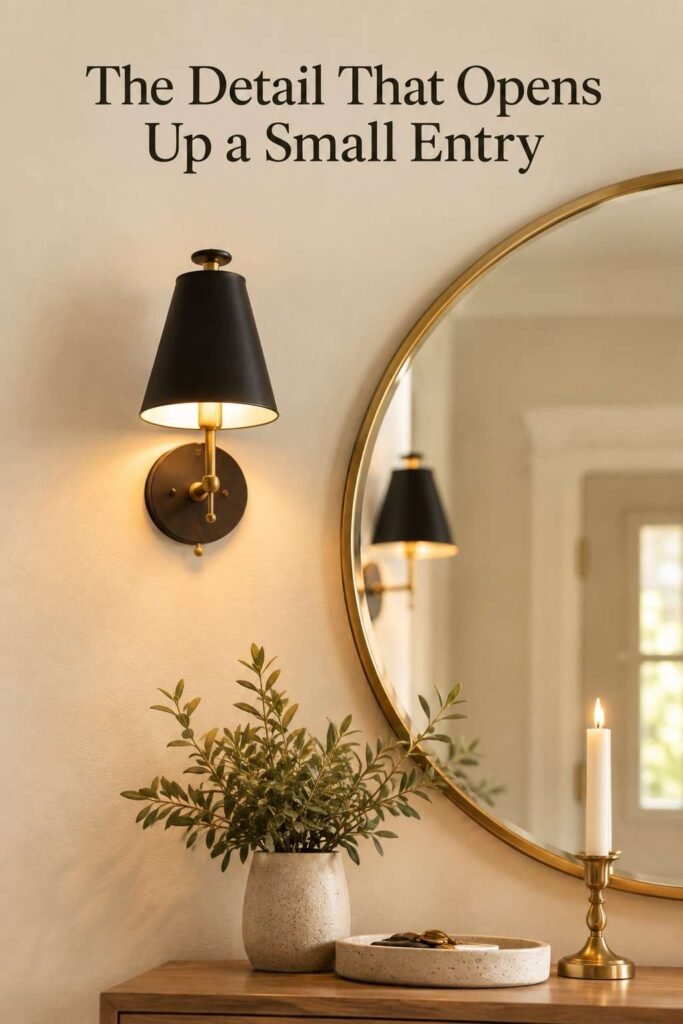 Close-up of a round brass-framed mirror reflecting soft light against a cream entryway wall.