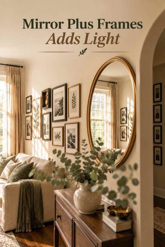 Picture Frame Wall Ideas to Turn Blank Walls Into Personal Stories 11 Round brass mirror on a cream wall reflecting a window and a framed gallery, with a eucalyptus vase in the foreground.