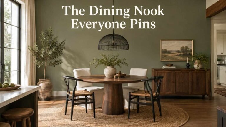 Round dining table with a walnut pedestal base in a sunlit dining nook with mixed chairs and a jute rug.