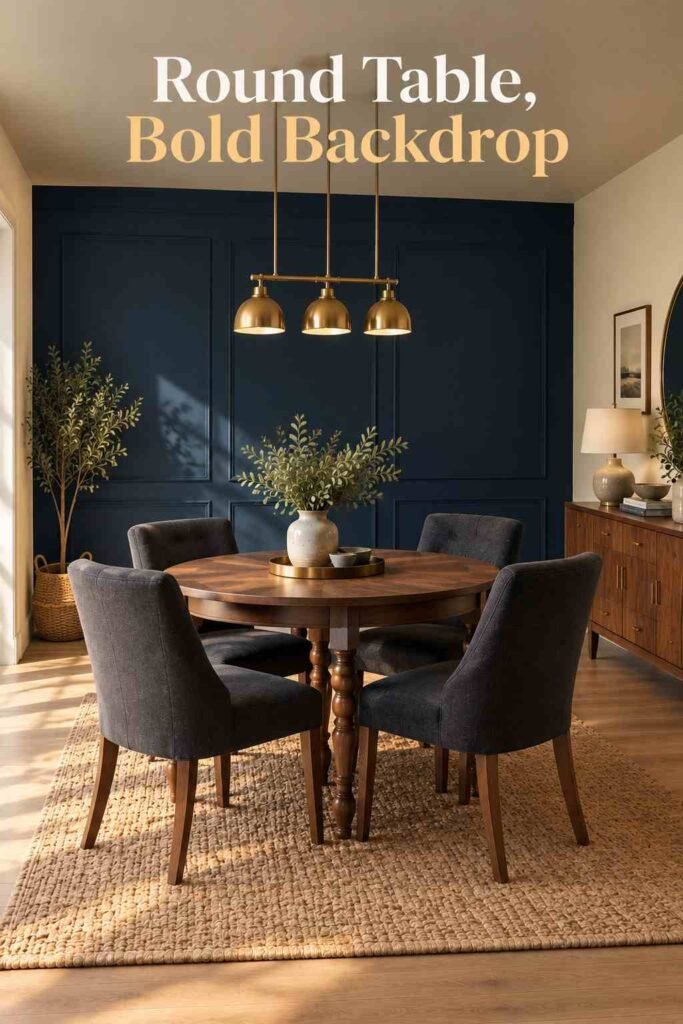 Dining Room Accent Wall Ideas That Will Transform Your Space in 2026 15 Round walnut dining table with charcoal chairs set against a navy accent wall.