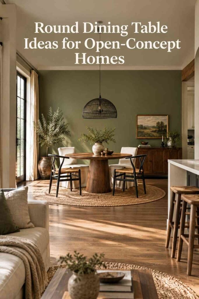 Round Dining Table Ideas to Transform Your Dining Space in 2026 10 Round dining table viewed from a doorway, positioned within an open-plan living and kitchen space.