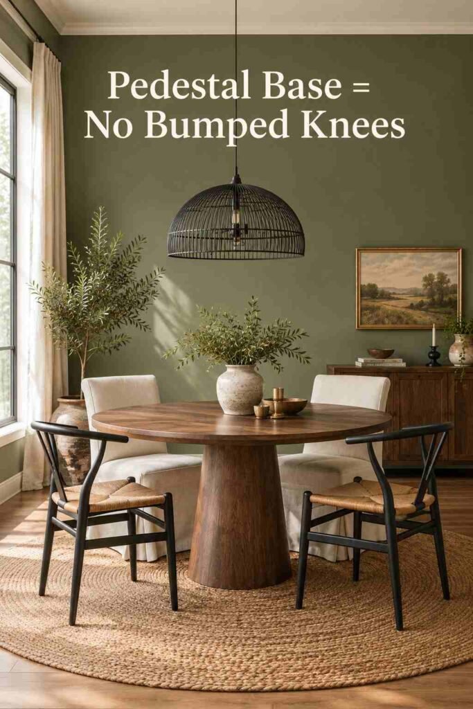 Round Dining Table Ideas to Transform Your Dining Space in 2026 3 Round dining table with a single walnut pedestal base seen straight-on at eye level.