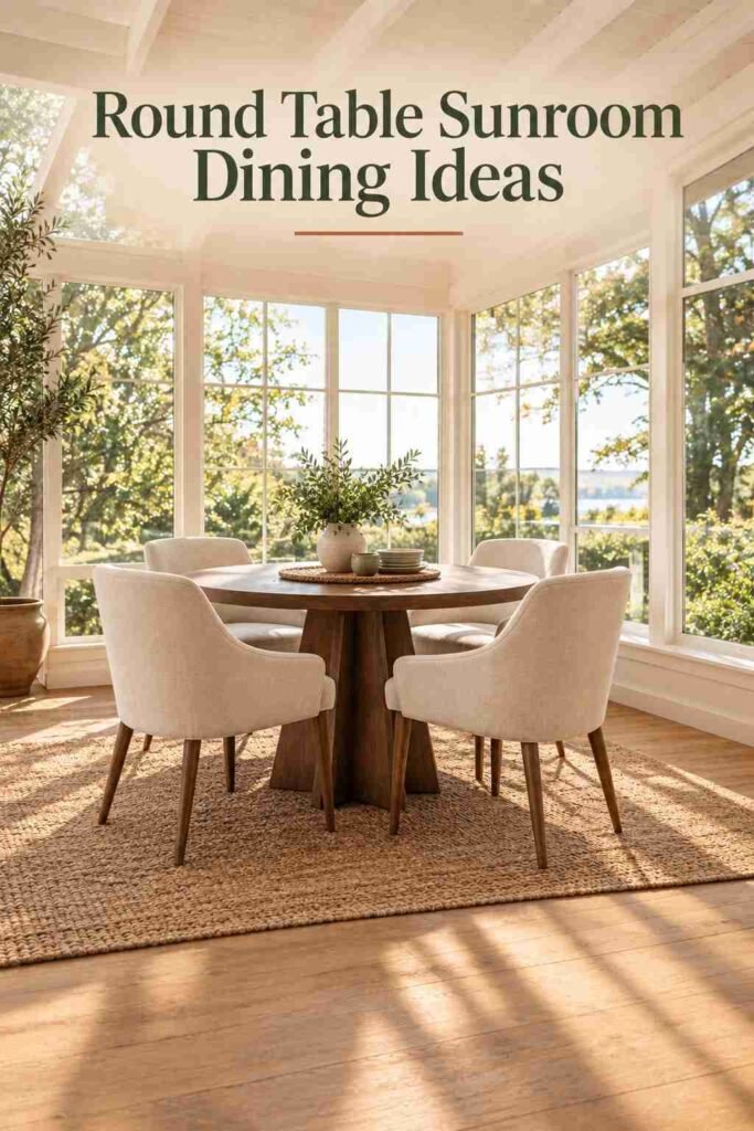Round walnut dining table with four cream upholstered chairs set near a sunroom window.