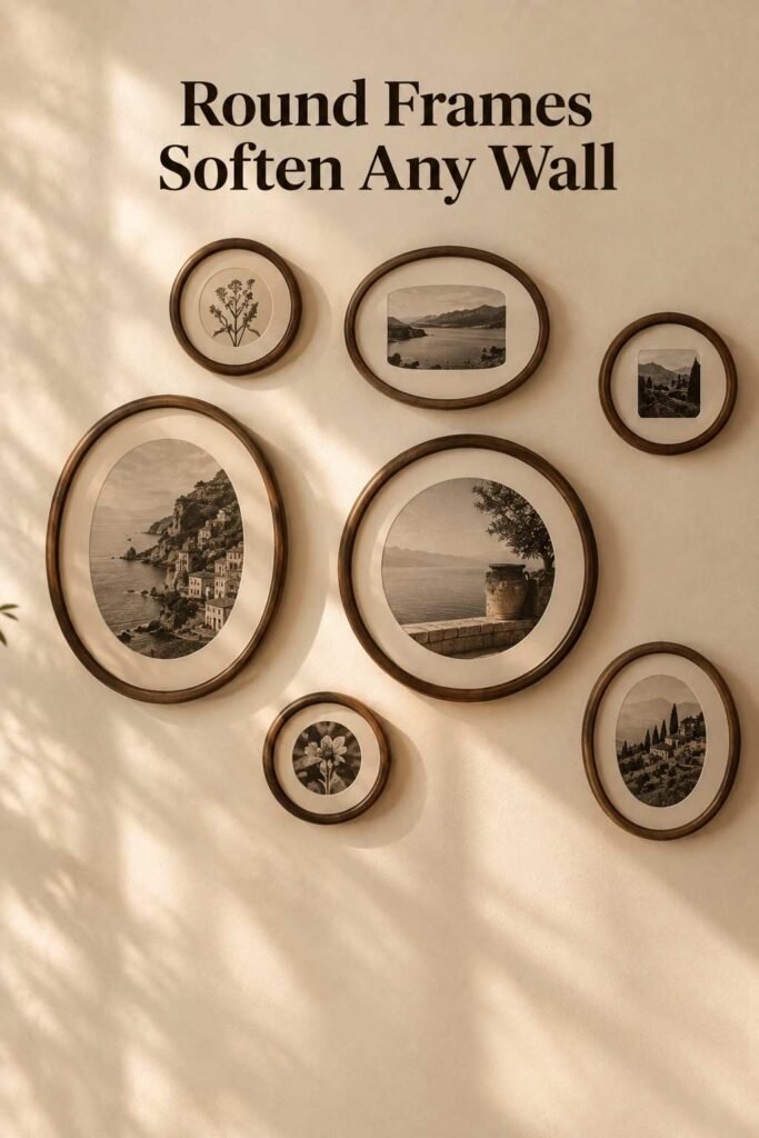 Cluster of round and oval walnut picture frames staggered on a cream living room wall.