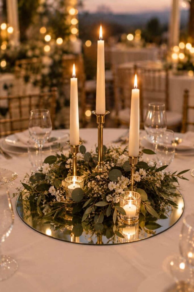 Round mirror wedding centerpiece with taper candles and greenery ring.