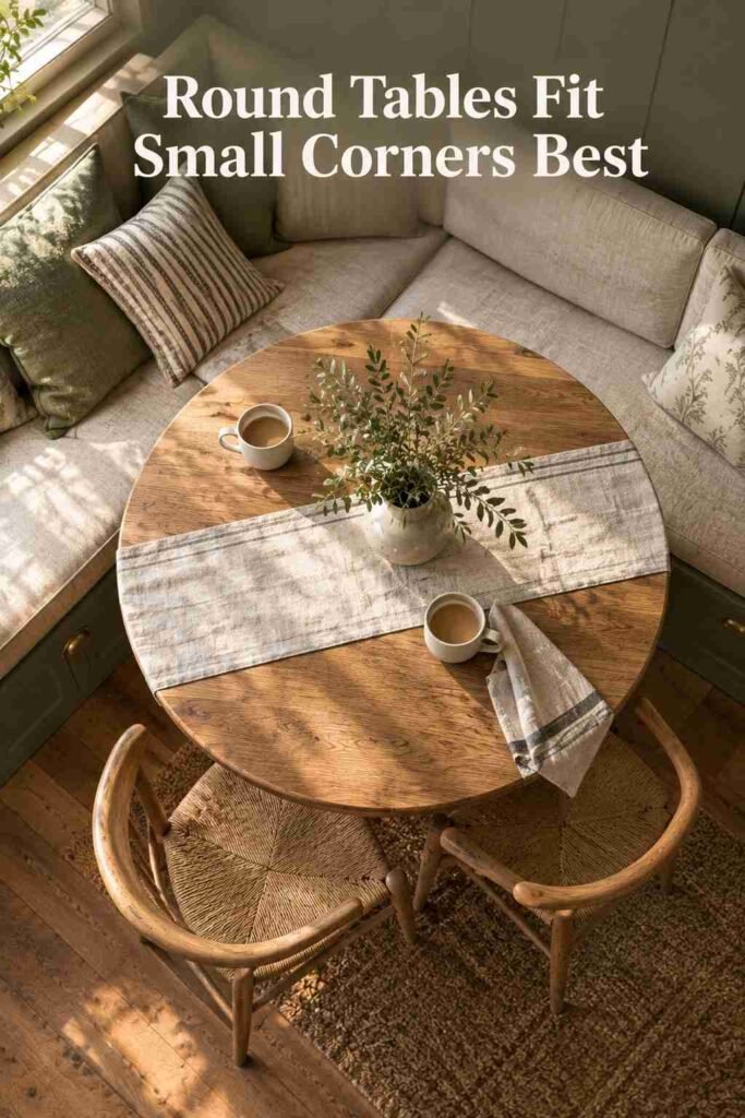 Overhead view of a round oak dining table styled with mugs and a small vase in a farmhouse nook.