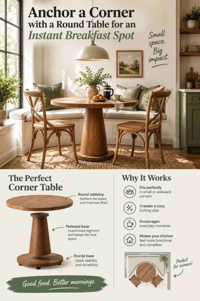 Round Dining Table Ideas to Transform Your Dining Space in 2026 7 Round dining table anchored in a cozy corner breakfast nook with built-in seating, woven chairs, and warm natural decor.