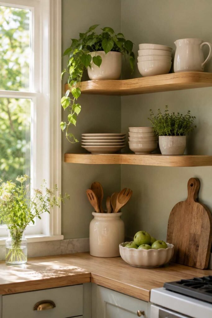 26 Kitchen Open Shelving Ideas for Corners: Styles, Sizes and Layouts 8 Rounded-edge wood corner shelves on sage green kitchen walls