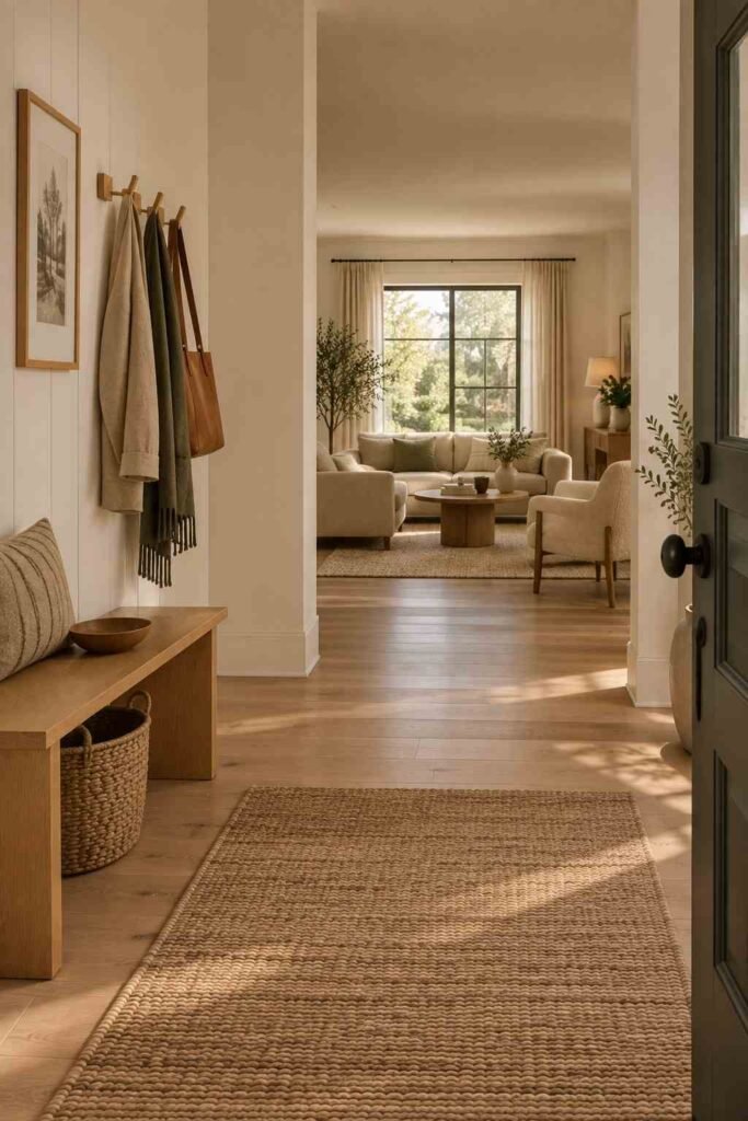 Flat-weave rug marking an entry zone with bench and hooks in an open-plan Scandinavian home