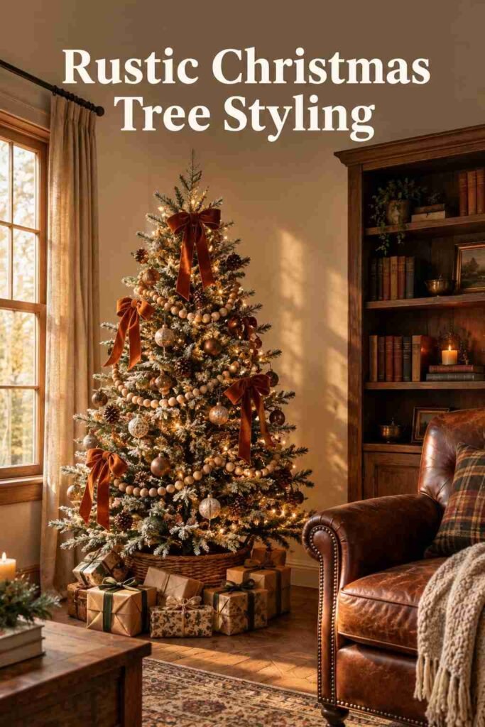Cozy Christmas Decor Ideas to Make Every Room Feel Warm and Inviting 10 Small flocked Christmas tree in a living room corner decorated with warm lights, wood bead garland, and velvet ribbon.