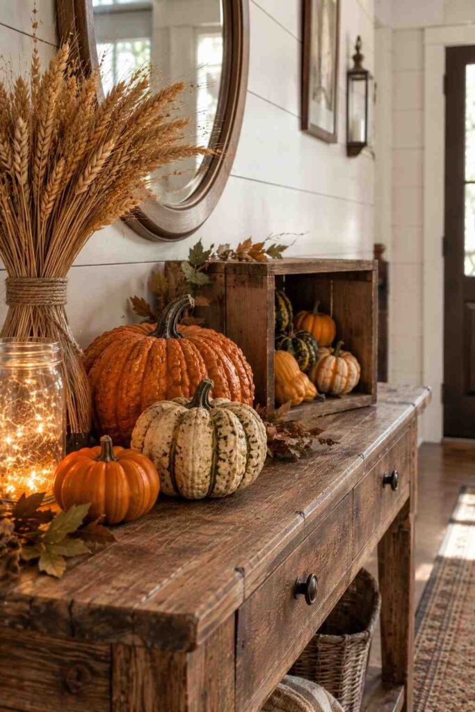 Halloween Decor for Entry Table Ideas to Welcome Guests Spooky, Elegant & Budget-Friendly 9 Rustic farmhouse Halloween decor for entry table with pumpkins and wheat