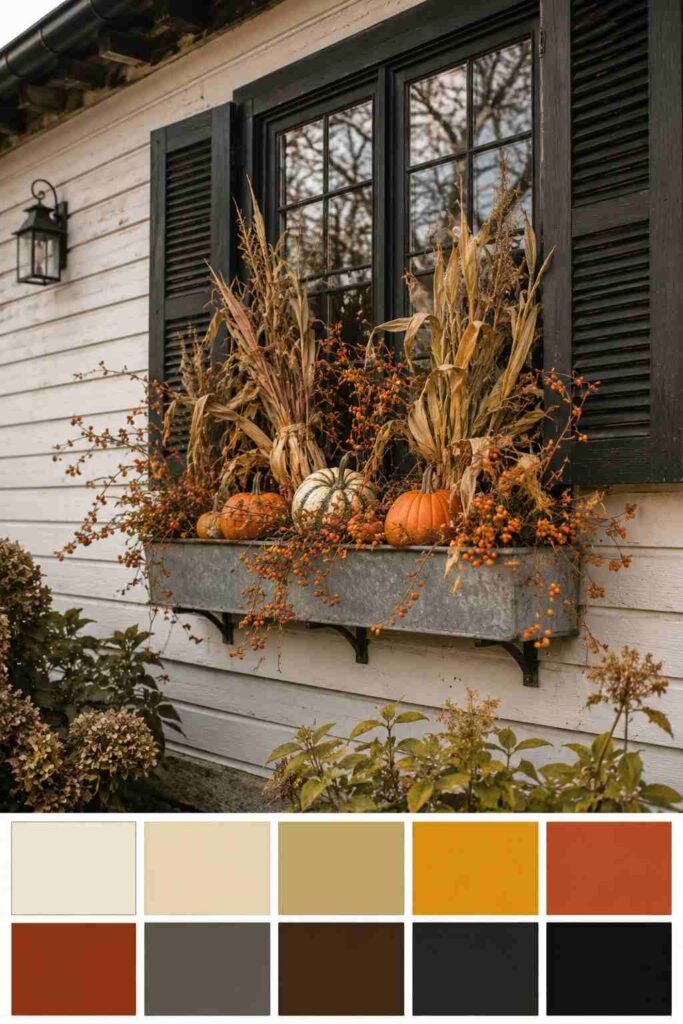 Halloween Window Boxes: Spooky, Elegant & Budget-Friendly Ideas for Every Home 14 Rustic farmhouse Halloween window box with corn stalks and gourds, color palette swatch strip below