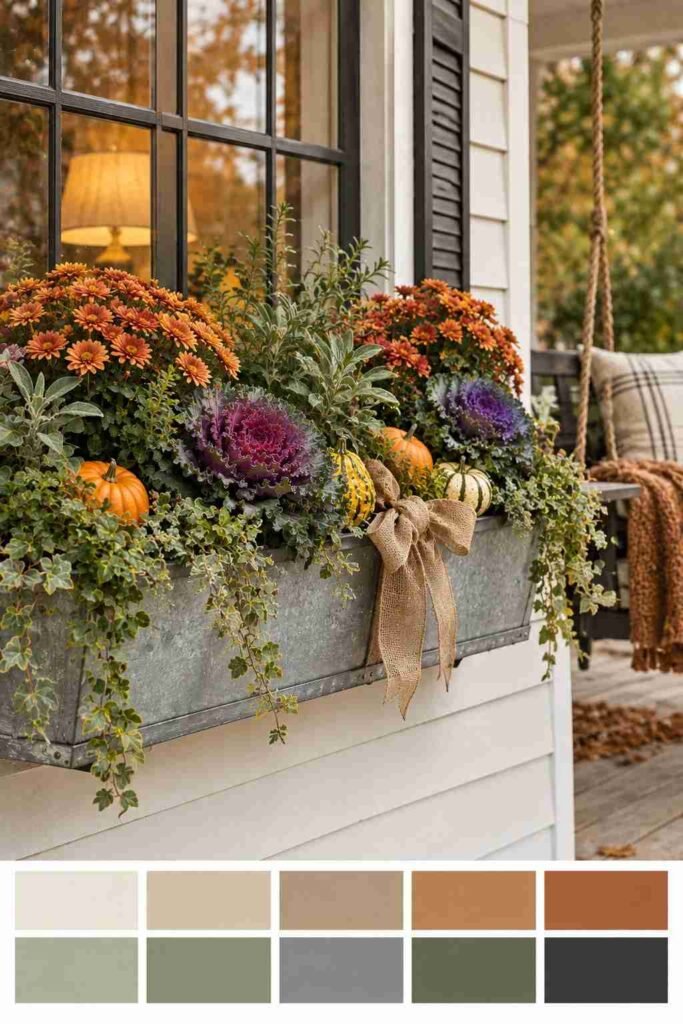 25 stylish Autumn Window Boxes: pansies, violas, heuchera to Make Your Home Glow 18 Rustic galvanized window box with kale and gourds beside a muted harvest color palette strip