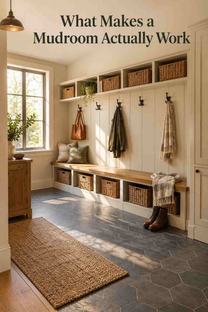 Mudroom Ideas to Transform Your Entryway Into an Organized Family Hub 2 Corner view of a mudroom showing a left-facing window, built-in bench, and tile flooring transition.