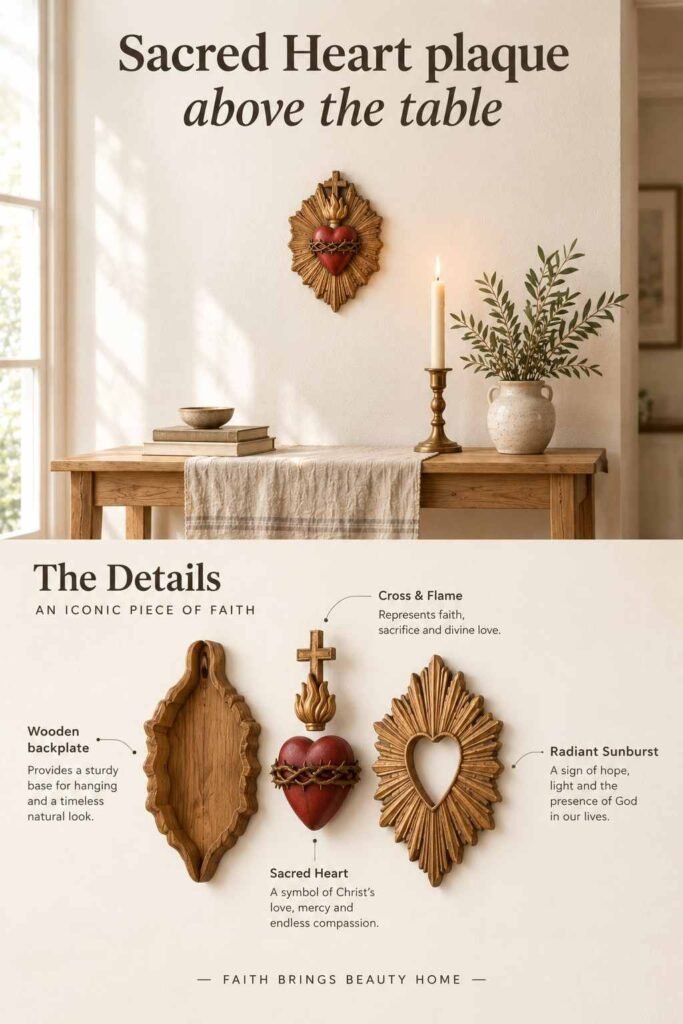 Minimal Catholic Home Decor Ideas for a Peaceful, Faith-Centered Home 6 Sacred Heart plaque above a wooden table in a minimalist Catholic home prayer corner.