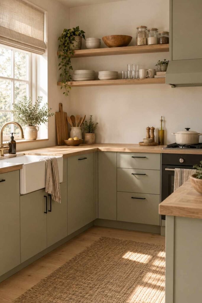 26 Scandinavian Cottage Interior Design Ideas for a Warm, Nordic, Light-Filled Home 9 Sage flat-front cabinets and open wooden shelves in a Nordic cottage kitchen