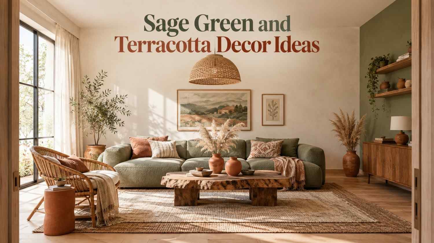 Sage green and terracotta living room with a bouclé sofa, rattan chair, and terracotta vases.