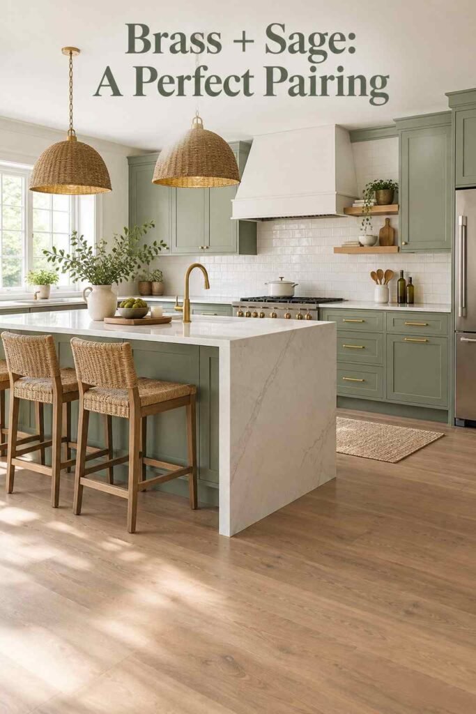 Kitchen island with sage green cabinets and brass hardware detail.