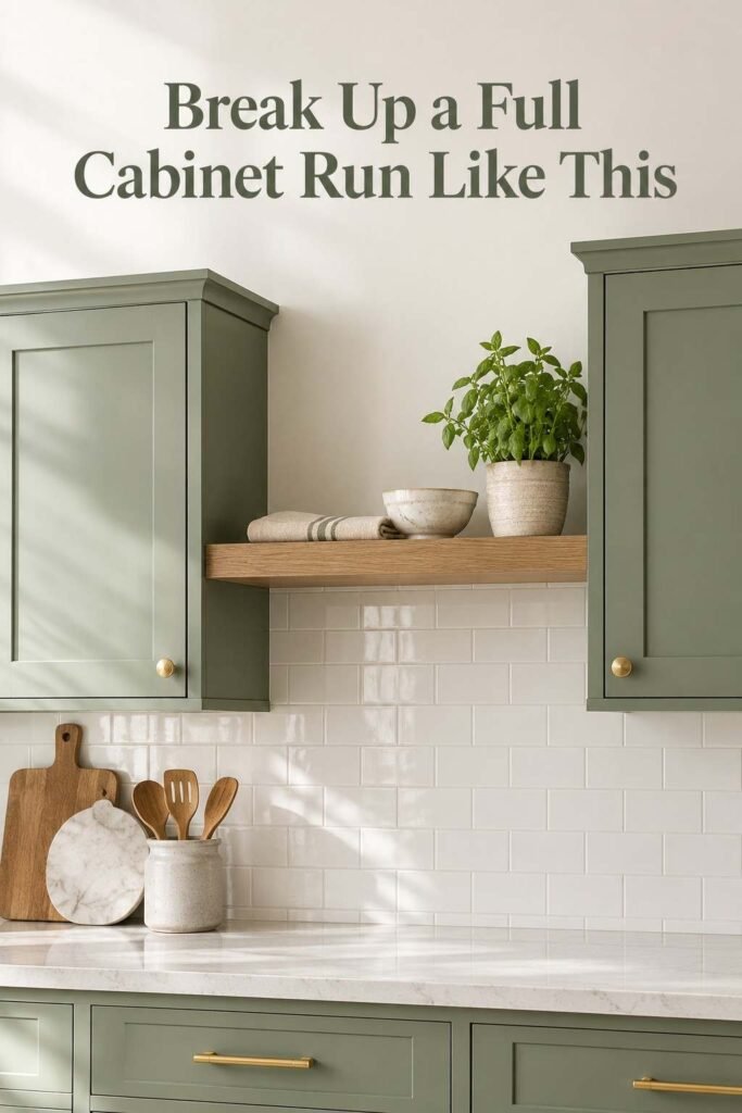 Close-up of sage green upper cabinets next to a styled open wood shelf.