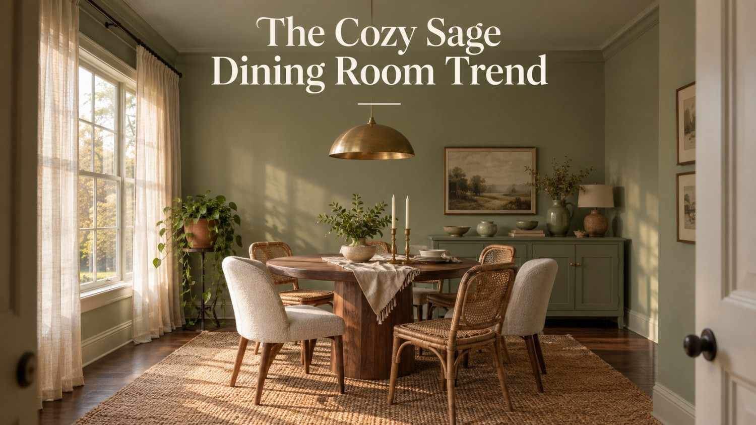 Sage green dining room with a round walnut table, rattan chairs, brass pendant light, and linen curtains.