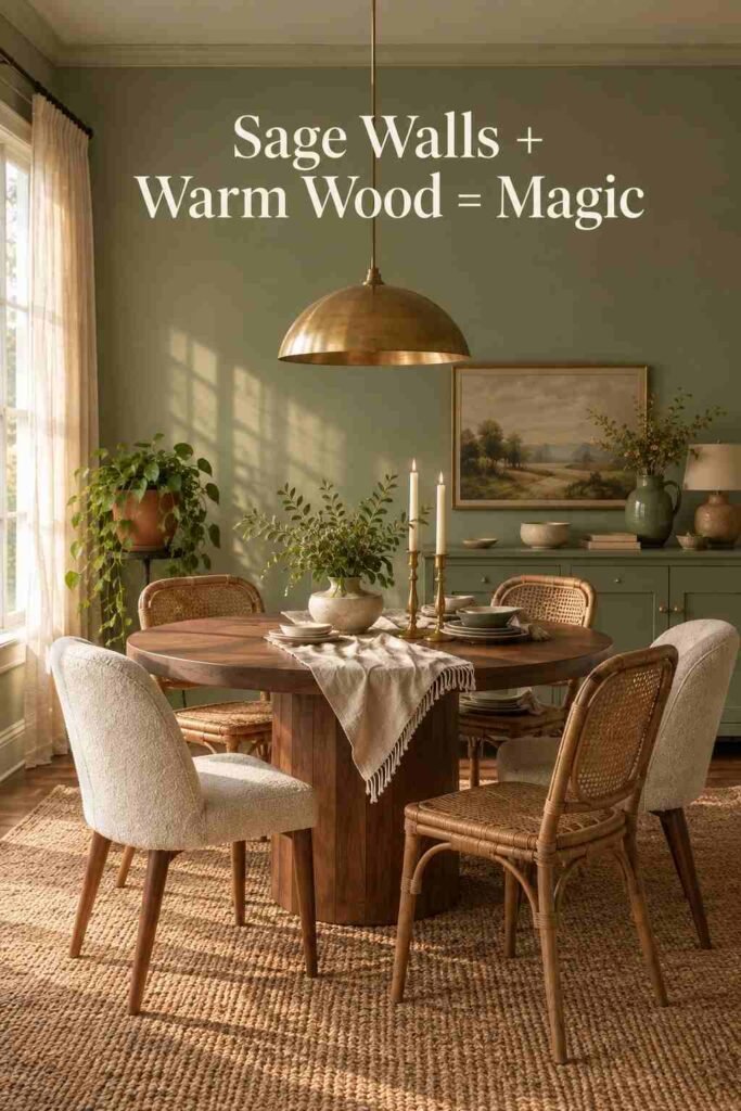 Round walnut dining table set against a sage green wall in a softly lit dining room.