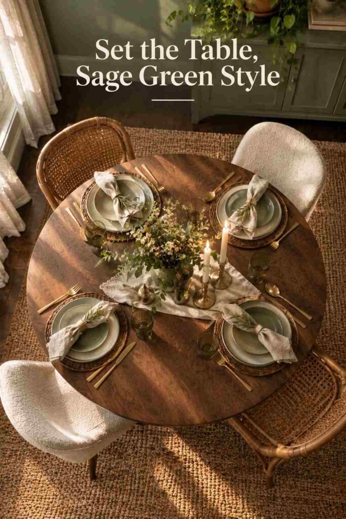 Overhead view of a table set with cream linens, brass candlesticks, and a seasonal centerpiece in a sage green dining room.