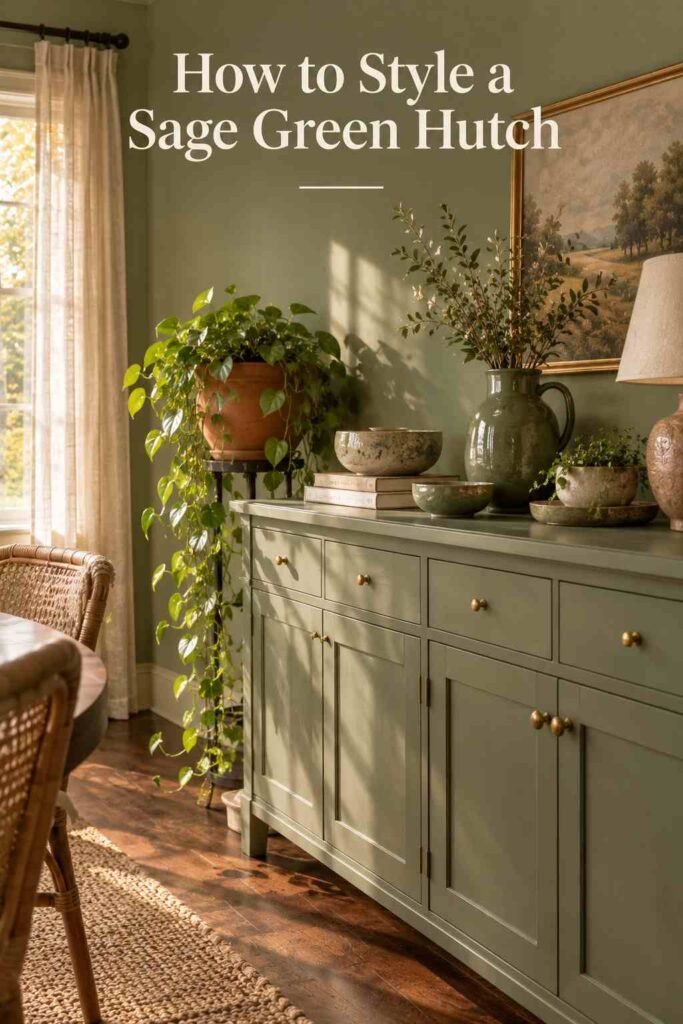 Close-up of a sage green painted sideboard styled with stoneware, ceramics, and a trailing pothos plant.
