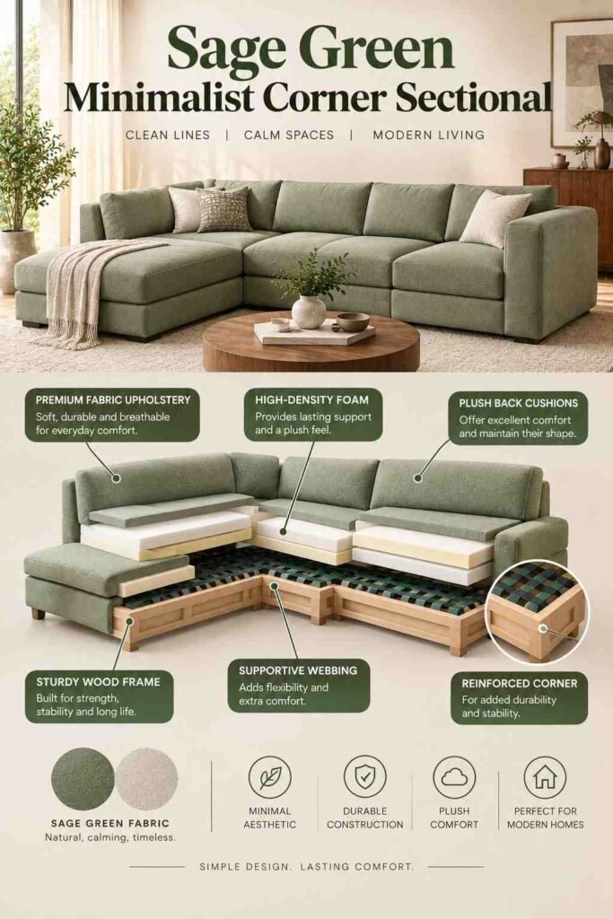 Corner Sofa Designs to Elevate Every Living Room in 2026 10 Sage green minimalist corner sectional shown in an exploded view with premium fabric, foam cushions, webbing, and wood frame.