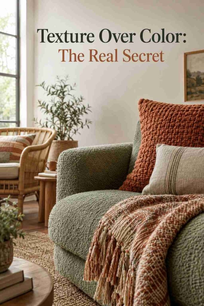 Sage Green and Terracotta Decor Ideas to Transform Every Room in Your Home 3 Close-up of a sage green bouclé sofa corner with a chunky-knit terracotta throw pillow.