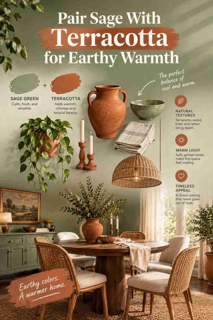 Sage green and terracotta dining room with walnut furniture, rattan chairs, natural textures, and warm earthy decor.