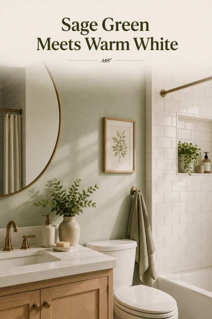 Apartment Bathroom Decor Ideas to Turn a Rental Into a Stylish Retreat 5 Sage green accent wall meeting white subway tile in a small apartment bathroom, with a framed botanical print.