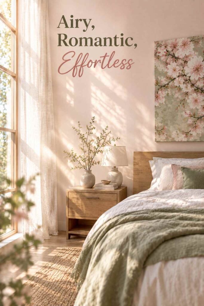 Side view of a sunlit bedroom corner with sheer curtains and a cherry blossom wall art panel in the background.