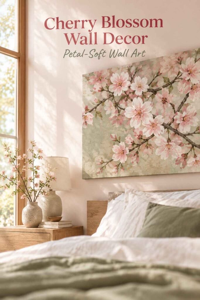 Close-up of pink cherry blossom branch wall art texture above white linen pillows.