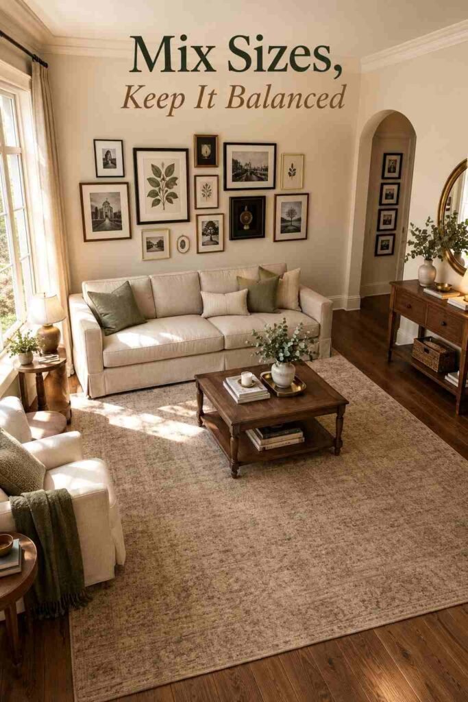 Picture Frame Wall Ideas to Turn Blank Walls Into Personal Stories 3 High-angle view of a salon-style gallery of mixed walnut, brass, and black frames above a linen sofa, with a tall window and arched doorway.