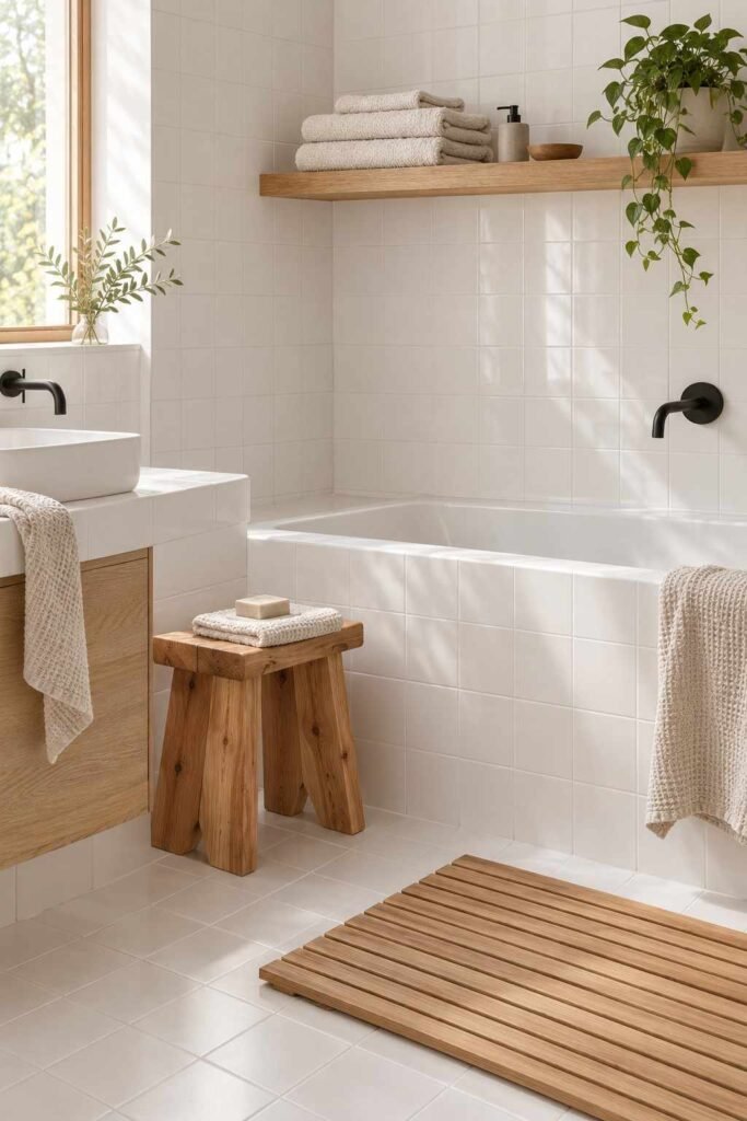 26 Scandinavian Cottage Interior Design Ideas for a Warm, Nordic, Light-Filled Home 14 Sauna-inspired bathroom with cedar stool, wooden shelf, and white tile