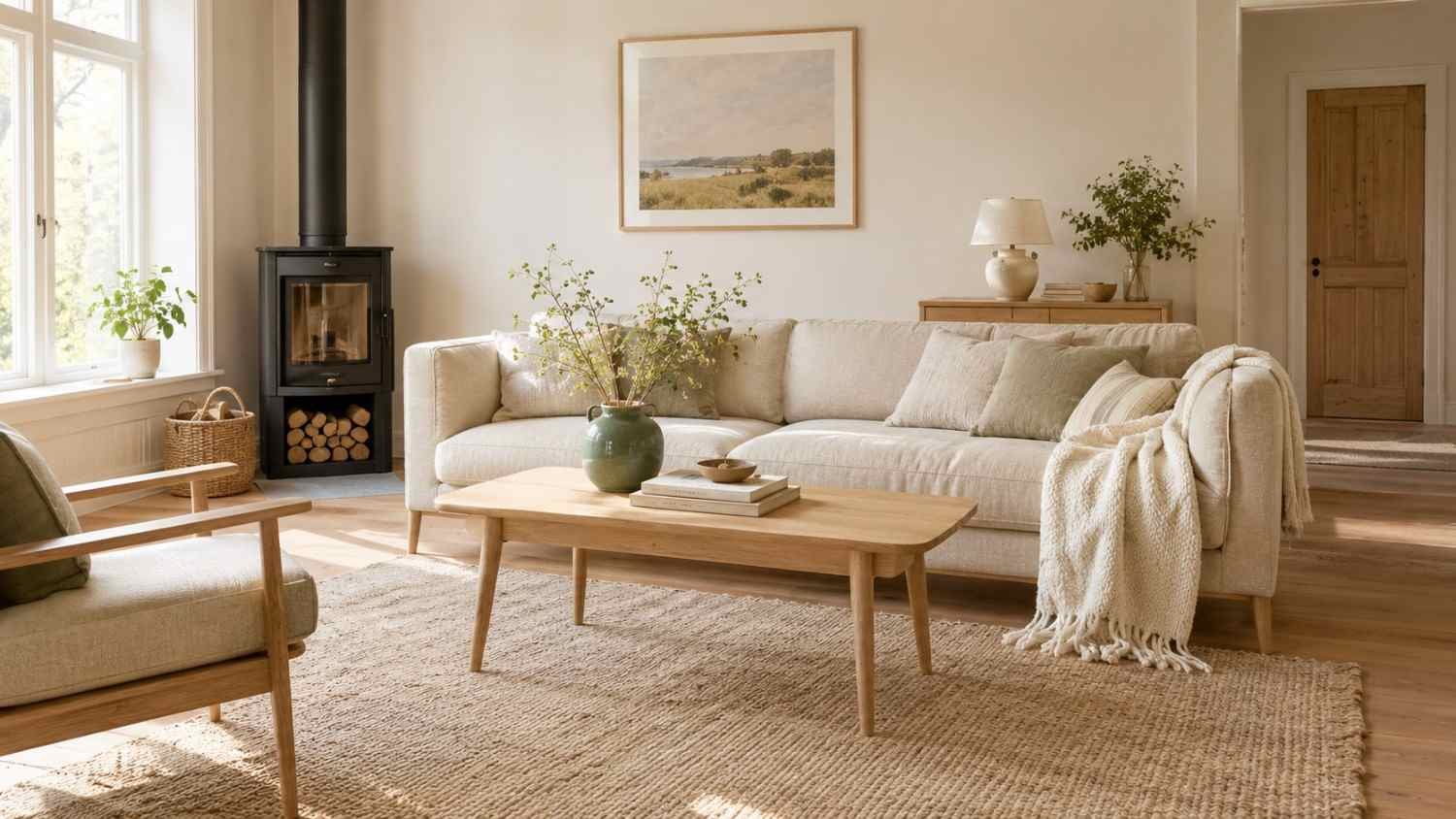 Bright Scandinavian cottage interior design ideas living room in warm white, blonde wood, and sage