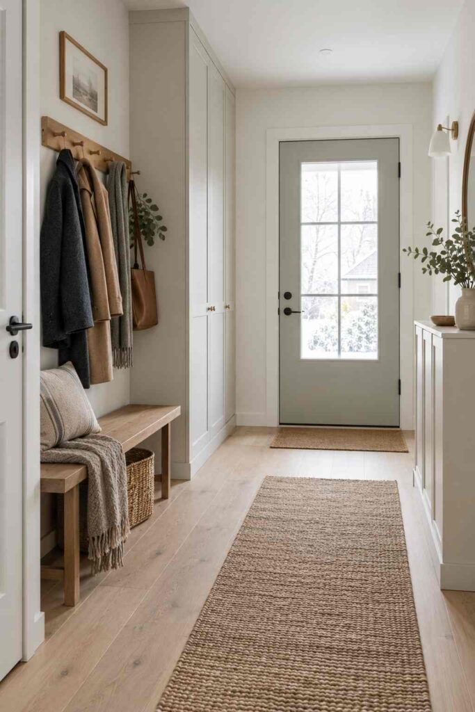 Organized Scandinavian entrance hall with hooks, bench, cabinet and basket for clutter-free storage