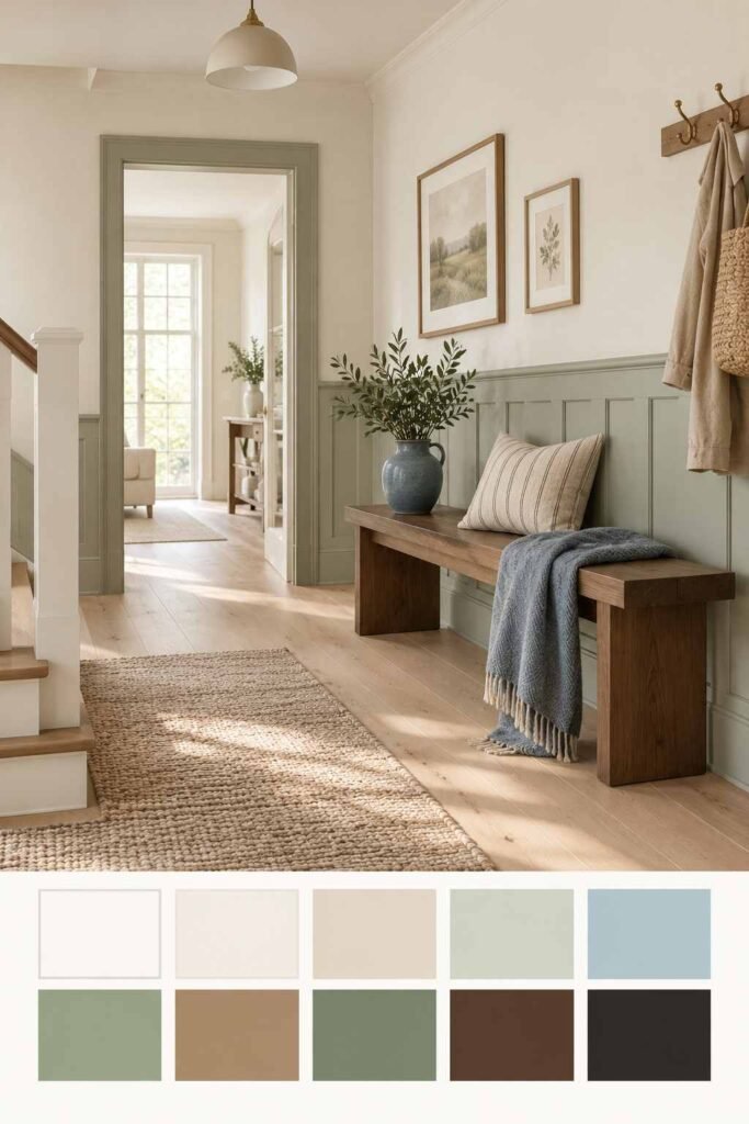 Scandinavian entryway in cream, sage, walnut and dusty blue with a 10-color swatch strip