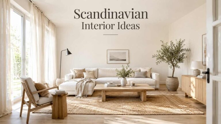 Bright Scandinavian interior living room with light oak furniture, linen sofa, and large window.