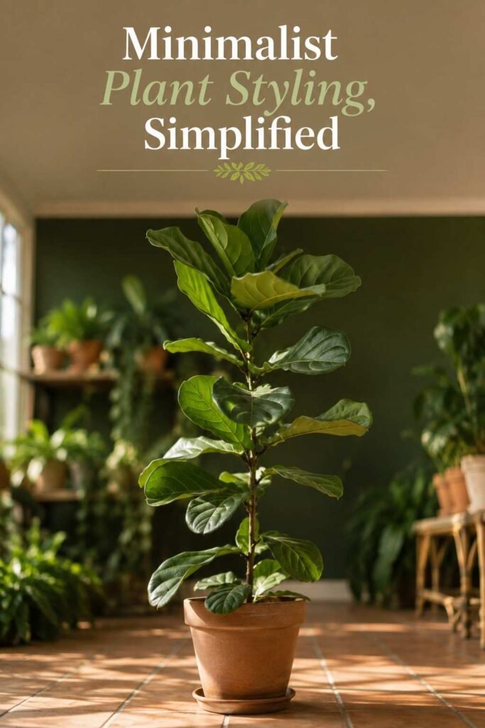 Single fiddle-leaf fig in a terracotta pot framed against a plain wall with softly blurred greenery behind it