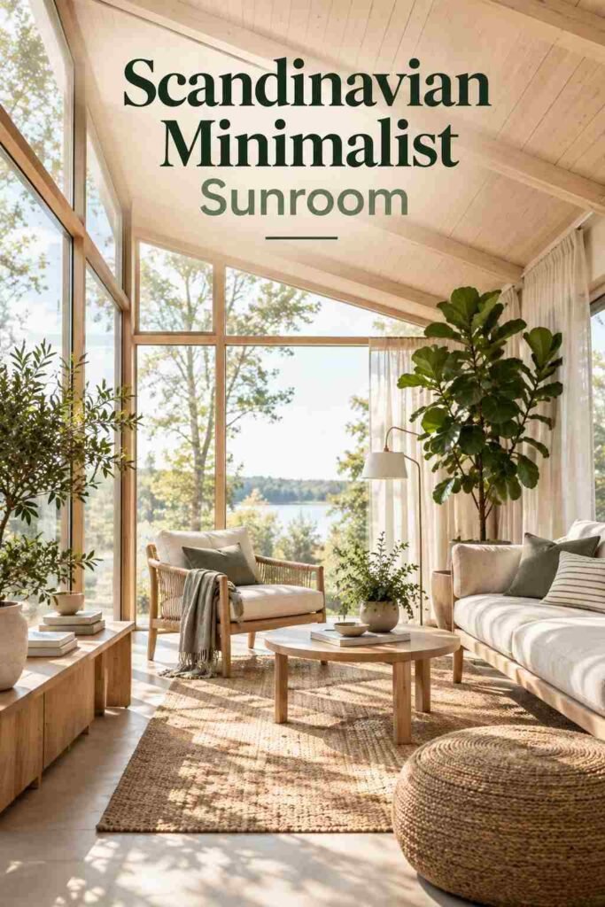 Scandinavian minimalist sunroom with floor-to-ceiling windows, light wood furniture, neutral linen seating, indoor plants, and a woven jute rug.