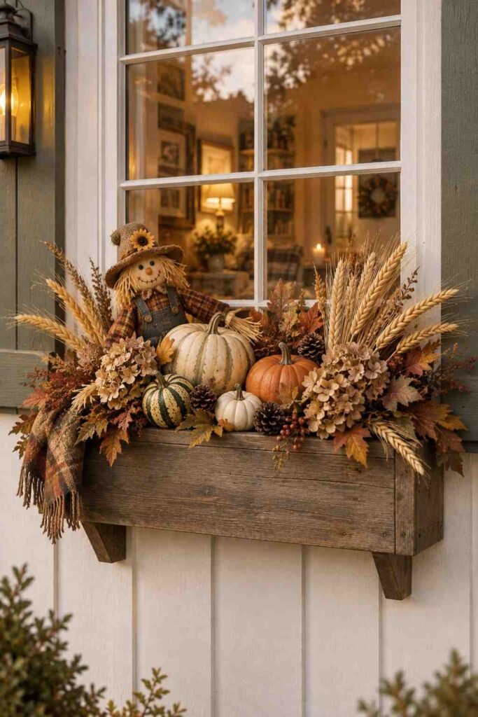 Fall Window Box Ideas to Turn Your Porch Into an Autumn Showstopper 20 Scarecrow and gourds styled inside a plant-free fall window box.